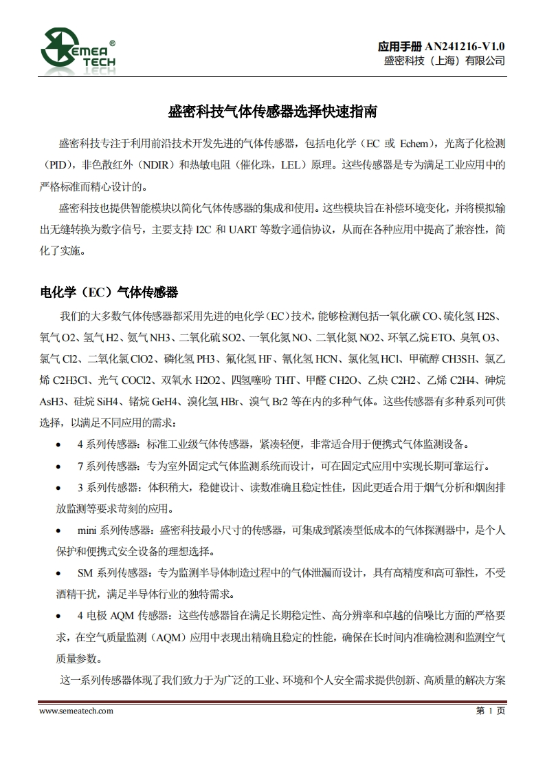 AN 241216_盛密气体传感器选择快速指南